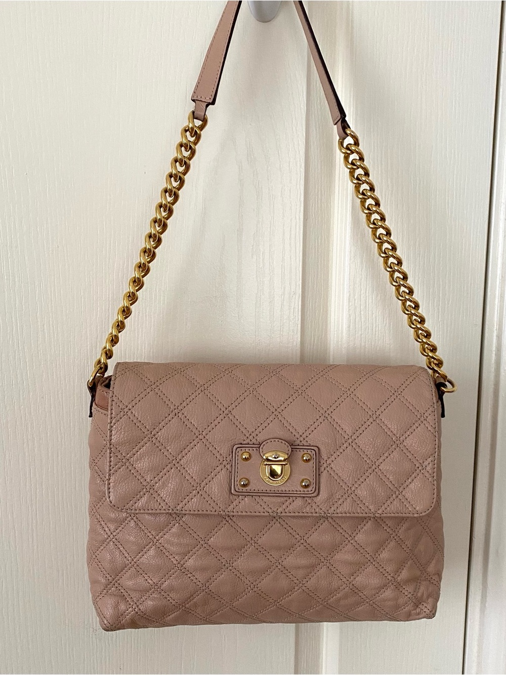 $895 Marc Jacobs Made in Italy Blush Pink Quilted Leather Gold Chain ShoulderBag
